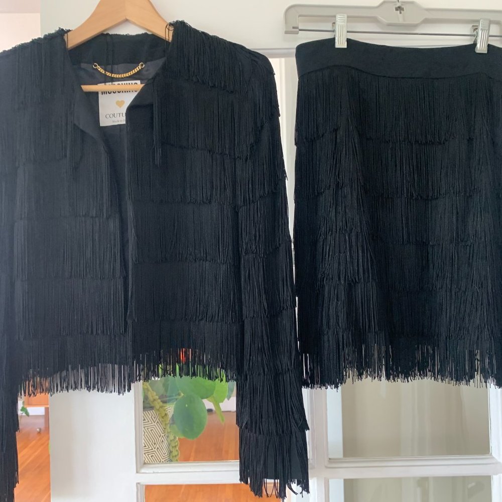 Moschino Black Fringed Charleston Evening Skirt + Jacket 1990s (suit dress)